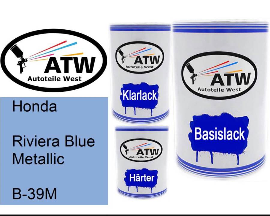Honda, Riviera Blue Metallic, B-39M: 500ml Lackdose + 500ml Klarlack + 250ml Härter - Set, von ATW Autoteile West.